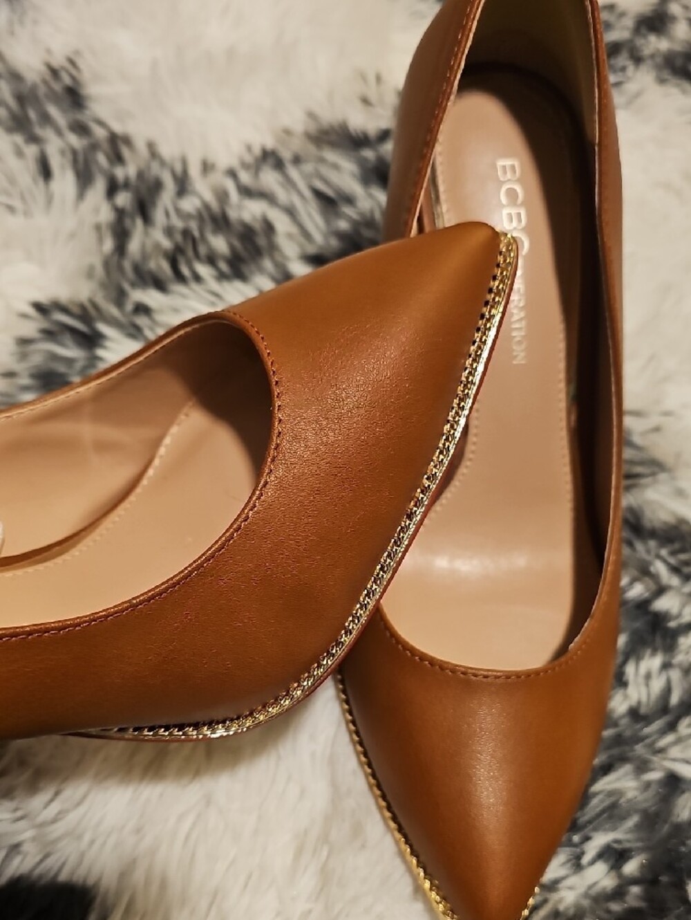 BCBGeneration Tan Pointed-Toe Pumps with Gold Chain Accent - Picture 3 of 4